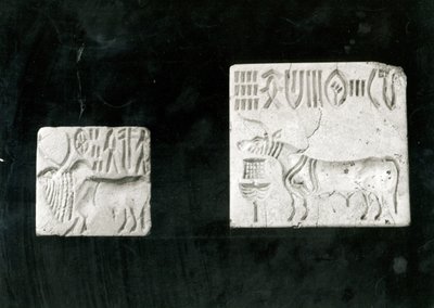 Due sigilli decorati raffiguranti uno zebù e un toro, da Mohenjodaro, Protoistorico da Harappan
